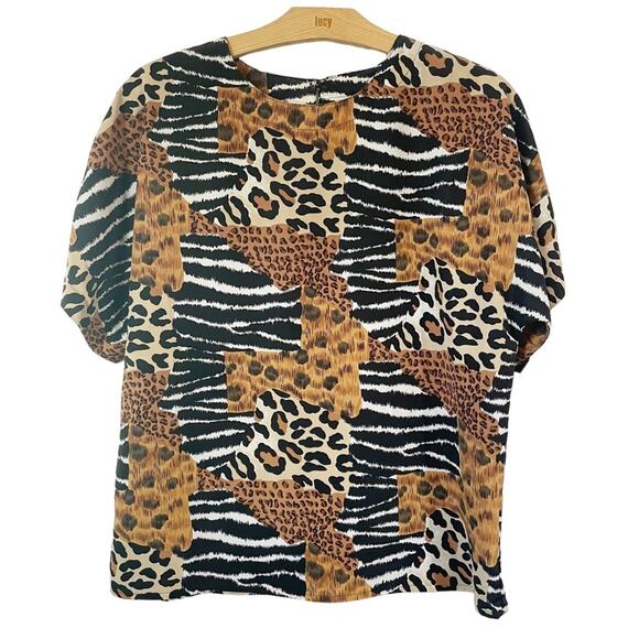 Che Studio Women Blouse Animal Print Safari Size Medium Short Sleeve Box Cut Vtg - Picture 1 of 4